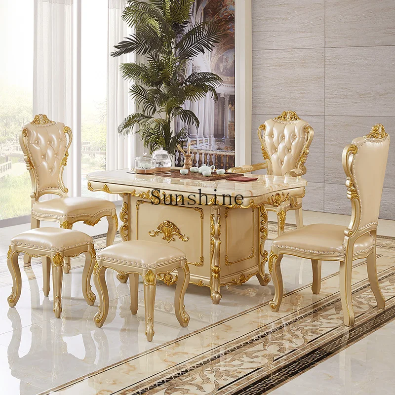 

European style tea table table and chair combination household solid wood decoration champagne golden balcony kung fu