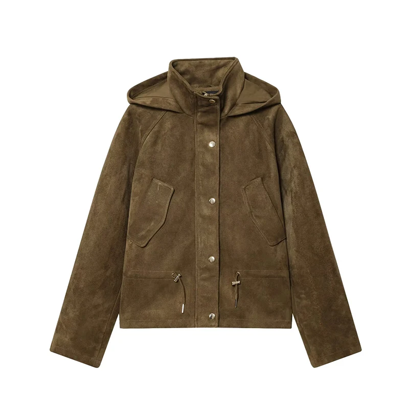 

Women Autumn Winter Faux Suede Jacket Front Zipper Button Adjustable Drawstring Waist Streetwear Vintage Coat Hooded Outerwear