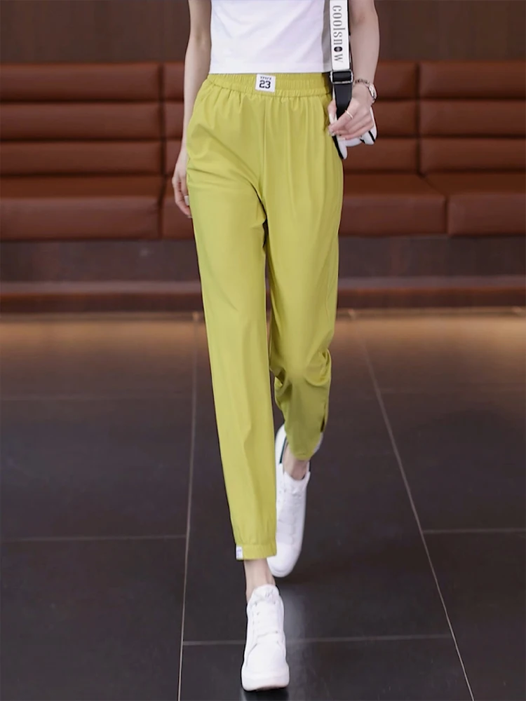 

Женские летние тонкие спортивные брюки из ледяного шелка, новые, маленькие размеры, повседневные, укороченные, быстросохнущие, с высокой талией, свободного кроя