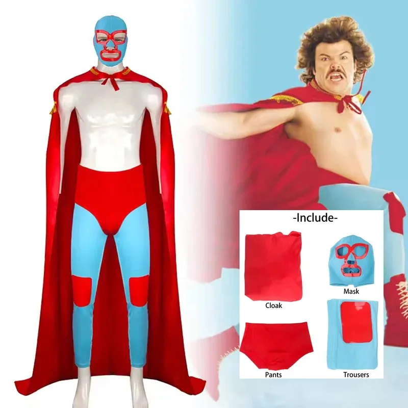 

4PCS Nacho Cosplay Costume Libre Red Cloak Mask Pants Shorts Full Set Outfits Mexican Wrestling Halloween Cos Outfits Adult Men