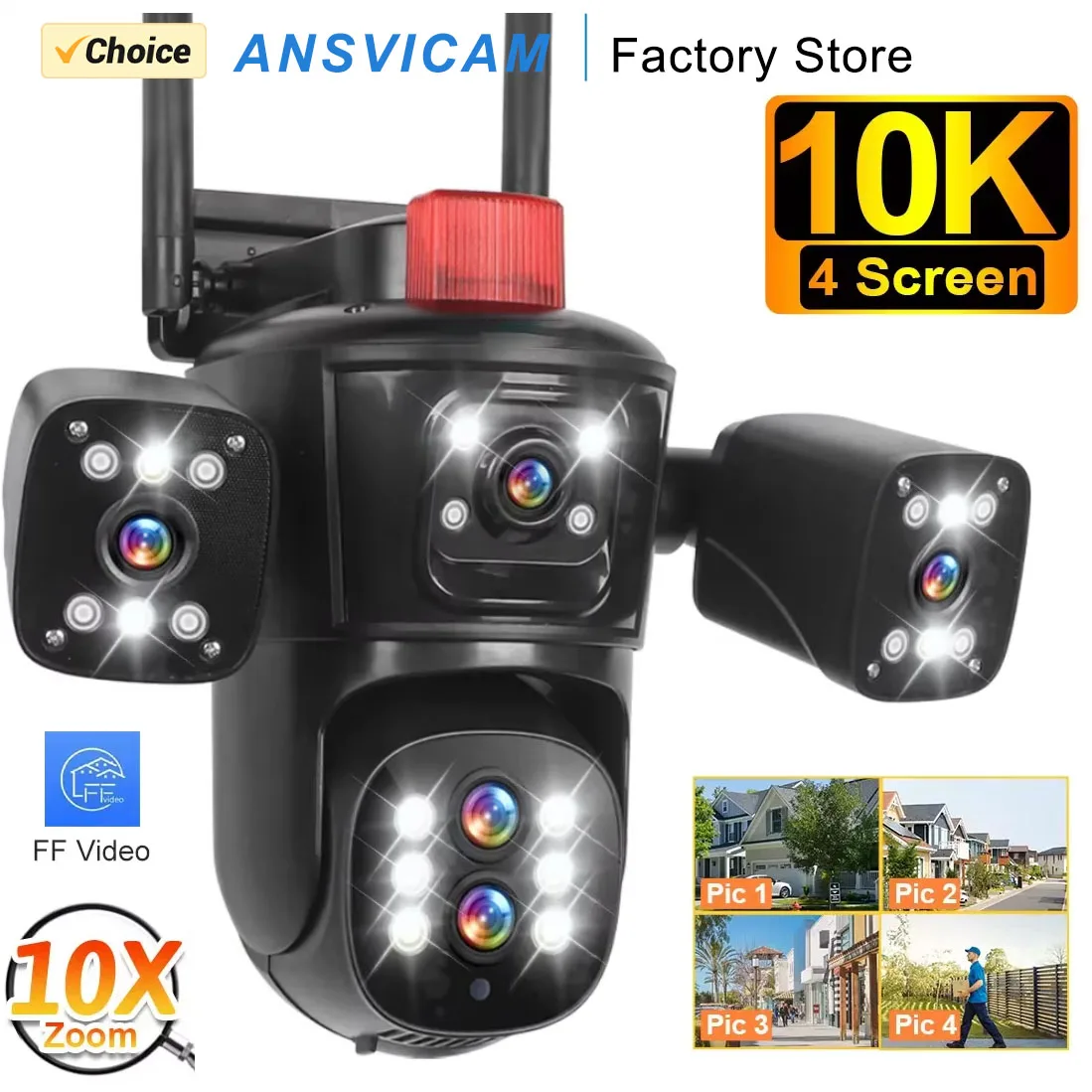 ANSVICAM Telecamera IP WiFi da esterno da 20 MP con zoom ottico 10X Display a quattro schermi Tracciamento automatico PTZ a cinque obiettivi e design impermeabile