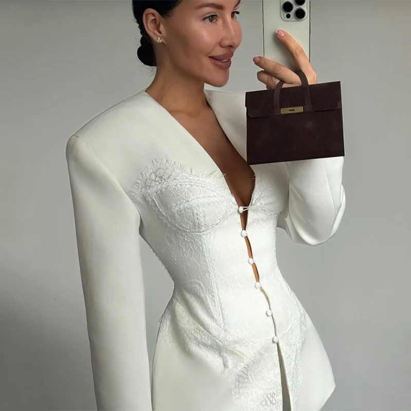 

European and American women's clothing 2025 summer new suit top temperament design slim fit V-neck lace patchwork jacket