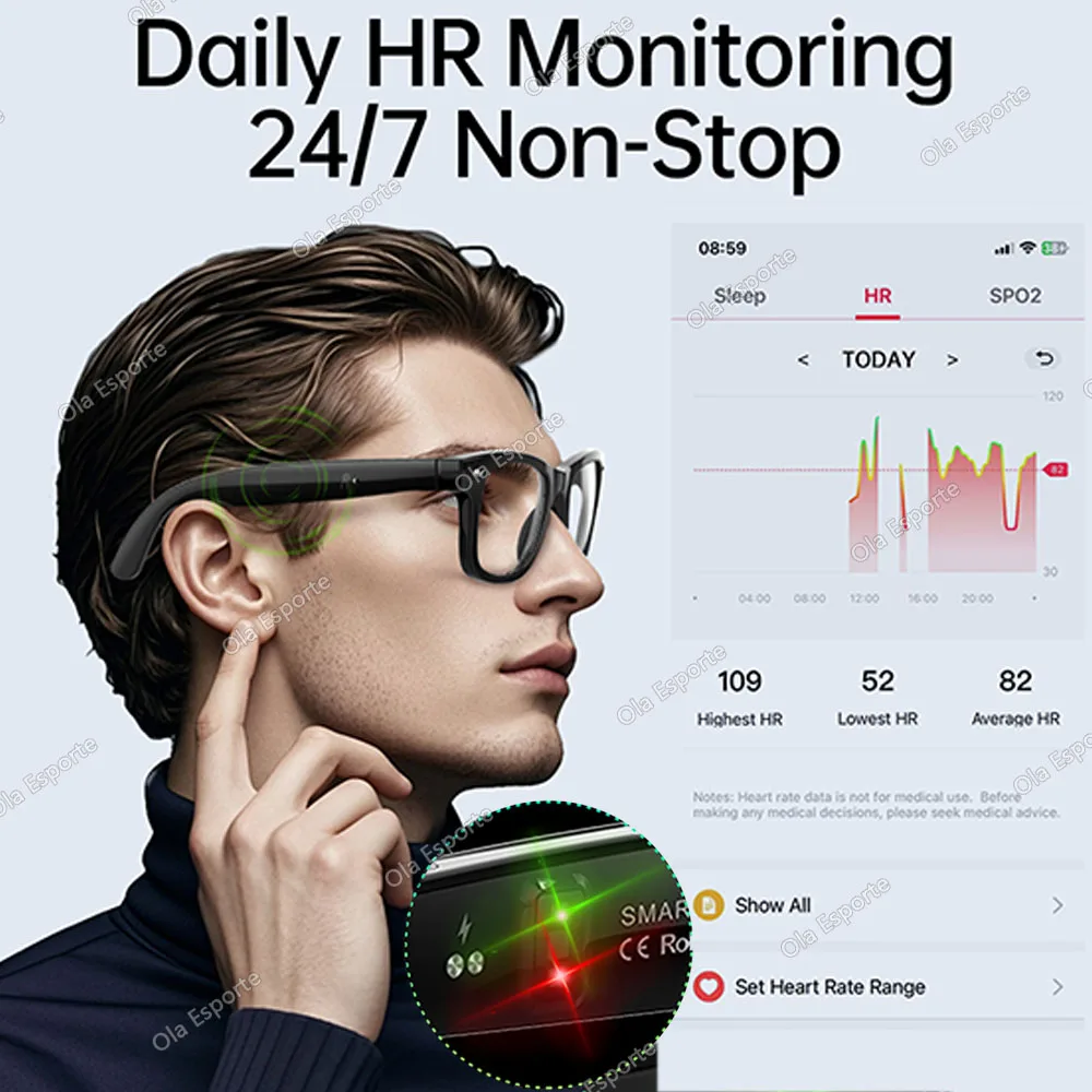 Nowe inteligentne okulary Monitorowanie tętna Tłumaczenie AI Połączenia Bluetooth Muzyka Słuchawki Sportowe okulary przeciwsłoneczne do aktywności na świeżym powietrzu Modne okulary przeciwsłoneczne Męskie Damskie