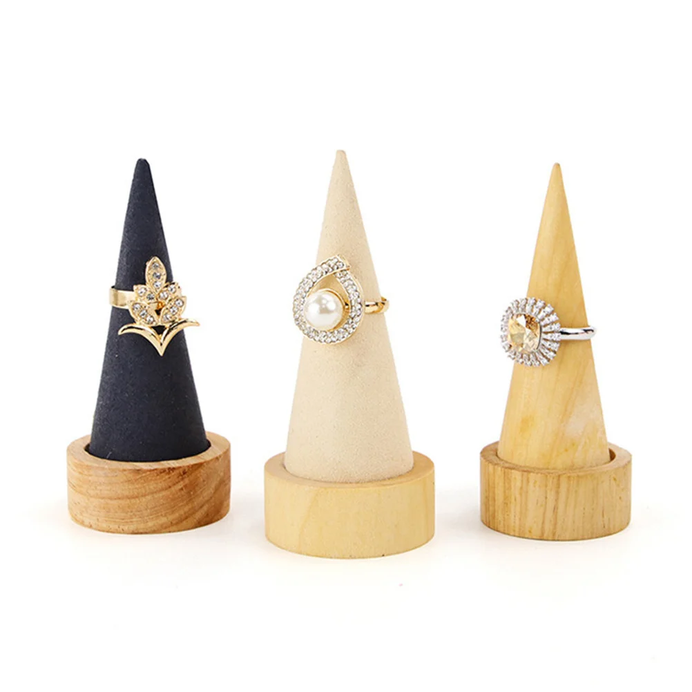 

Cone Shaped Wooden Ring Holder Functional Jewelry Display Stand for Home Bedroom Store Beige Cone Necklace Holder