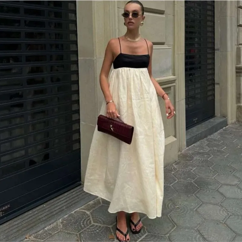 

Cotton Sexy Loose Beige Women's Maxi Dress Summer Strap Sleeveless Ankle Length Dresses Elegnat Classic Spaghetti Female Dress