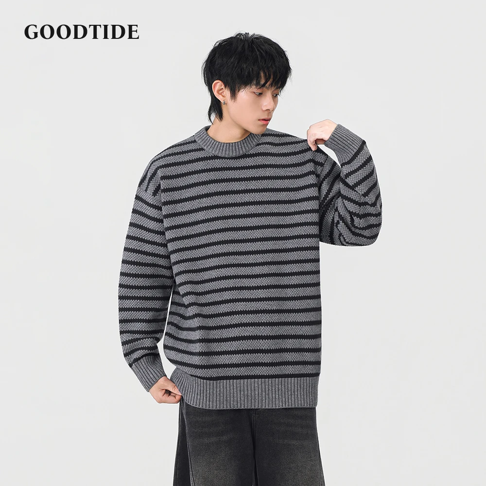 Fashion Men's Casual Crew Neck Sweater 2025 Winter New Stripe Knitted Pullover Comfortable Soft Long Sleeve Jumper Top