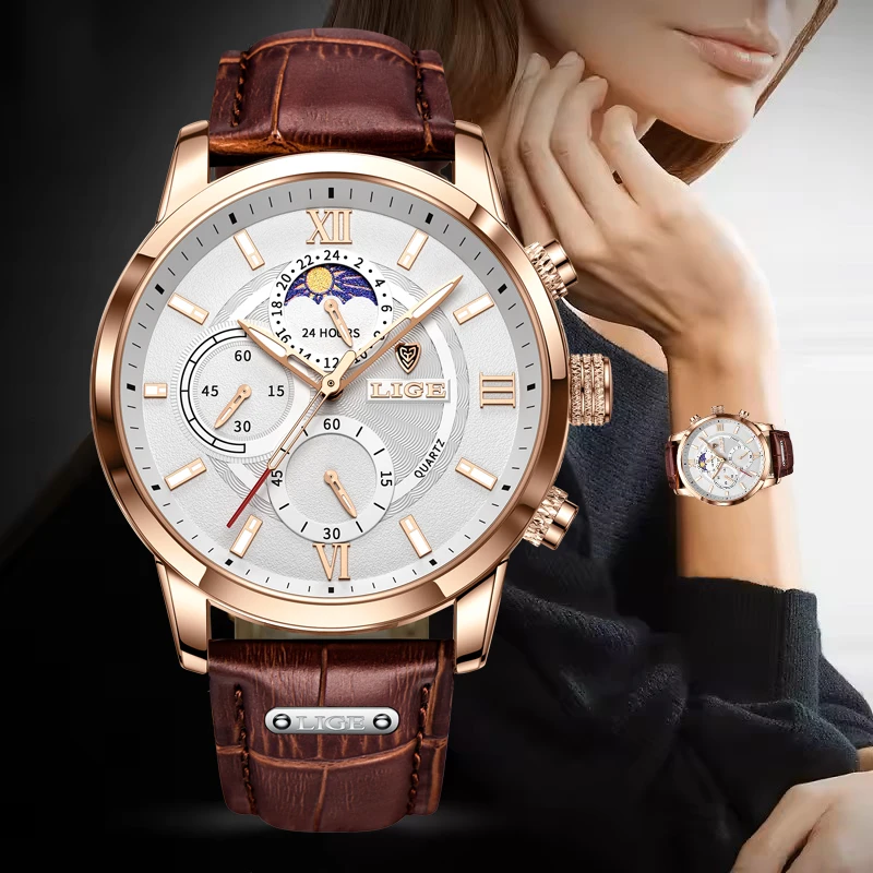 

LIGE Fashion Brown Leather Watch Women Casual Sport Waterproof Chronograph Wrist Watches for Women Elegant Ladies Quartz Watch
