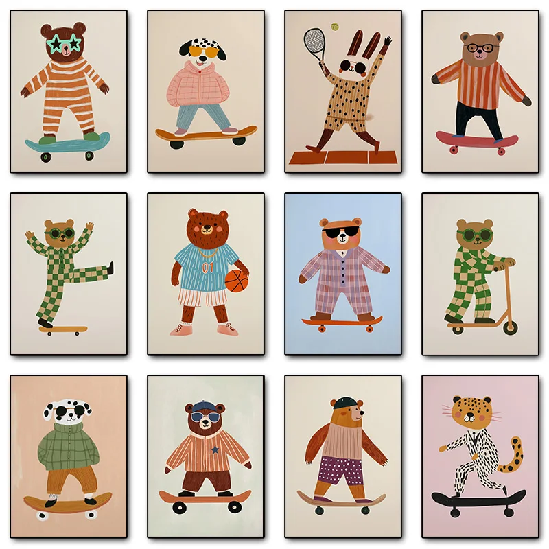 （2D Canvas painting） Sports Cool Skateboarding Dog Dancing Raccoon Basketball Bear Poster Print Wall Art Pictures Canvas Pain