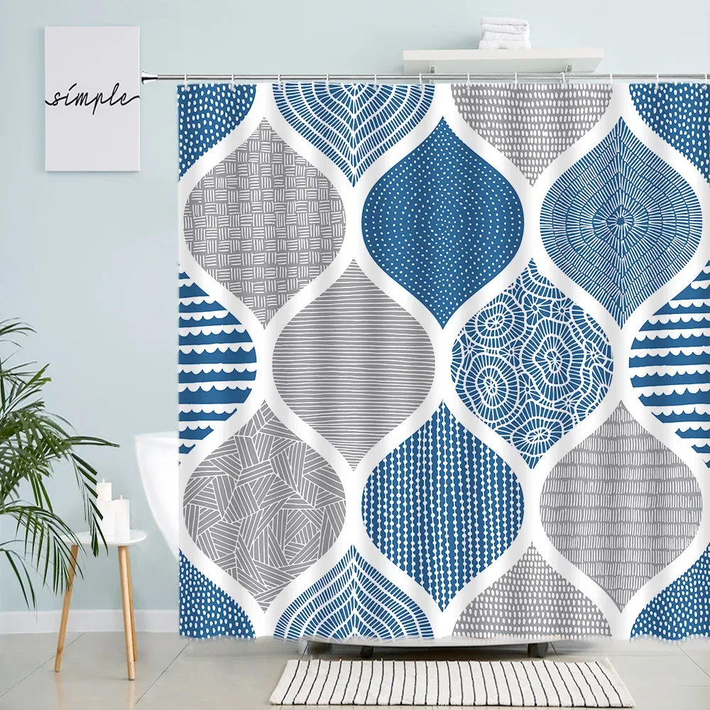 Creative Design Blue Boho Shower Curtain Striped Geometric Abstract Art Waterproof Fabric Bohemia Bathroom Curtains with Hooks