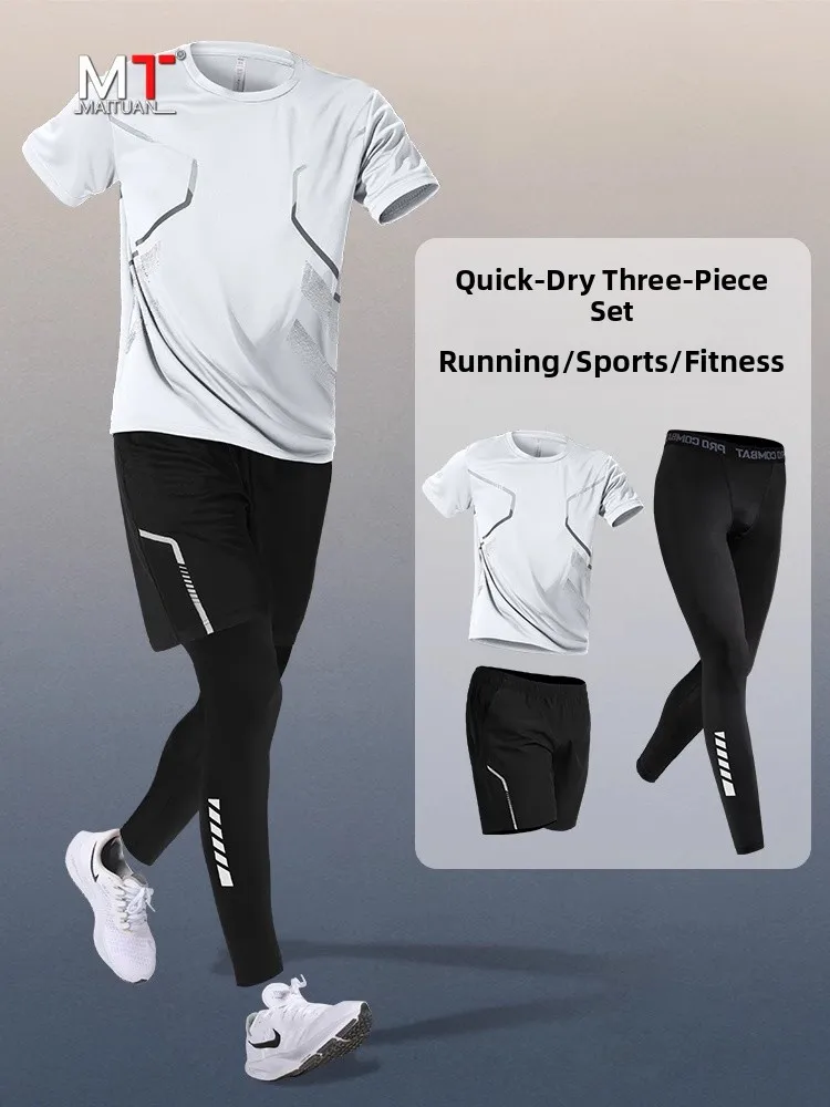 

High-End Men's Running Fitn Sportswear Set Qui Dry Spring Summer New Sle Cycling Training Clothes Casual Sportswear