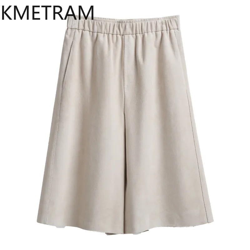 KMETRAM Quality Crossbreed Sheep Suede Genuine Leather Pants Baggy Knee Length Pants for Woman Trousers High Waist Pantalones