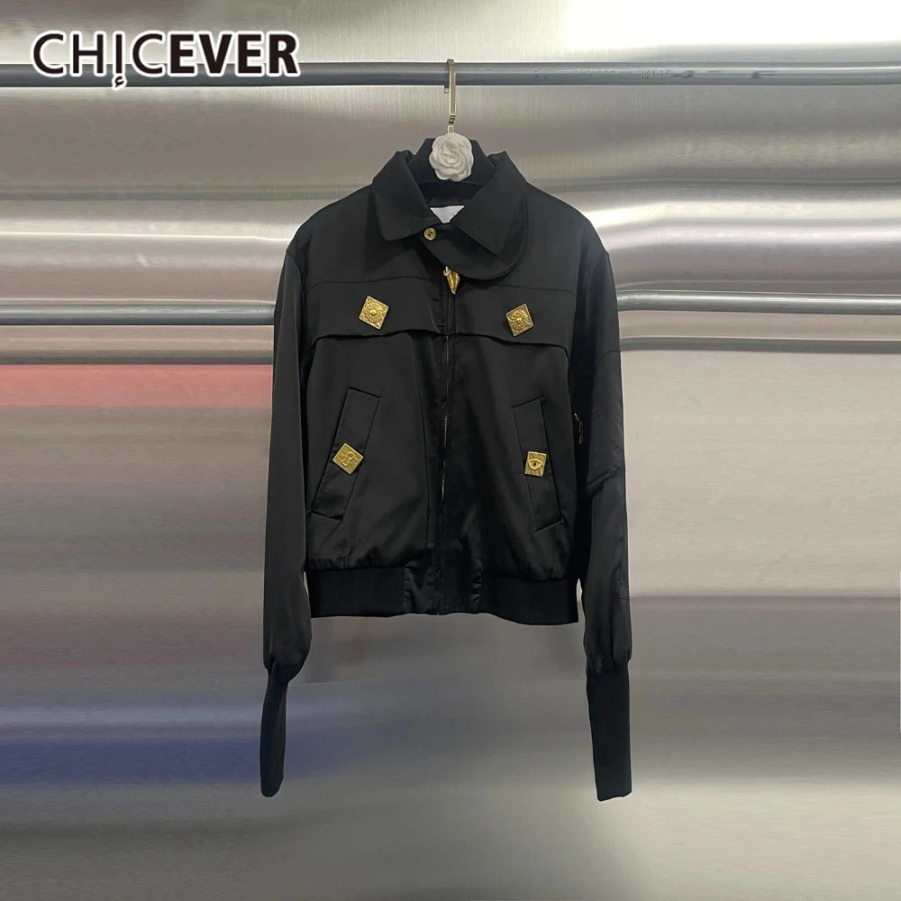 

CHICEVER Casual Basics Spliced Pocket Jacket for Women Lapel Long Sleeve Patchwork Metal Buckle Autumn Vintage Solid Coat Female