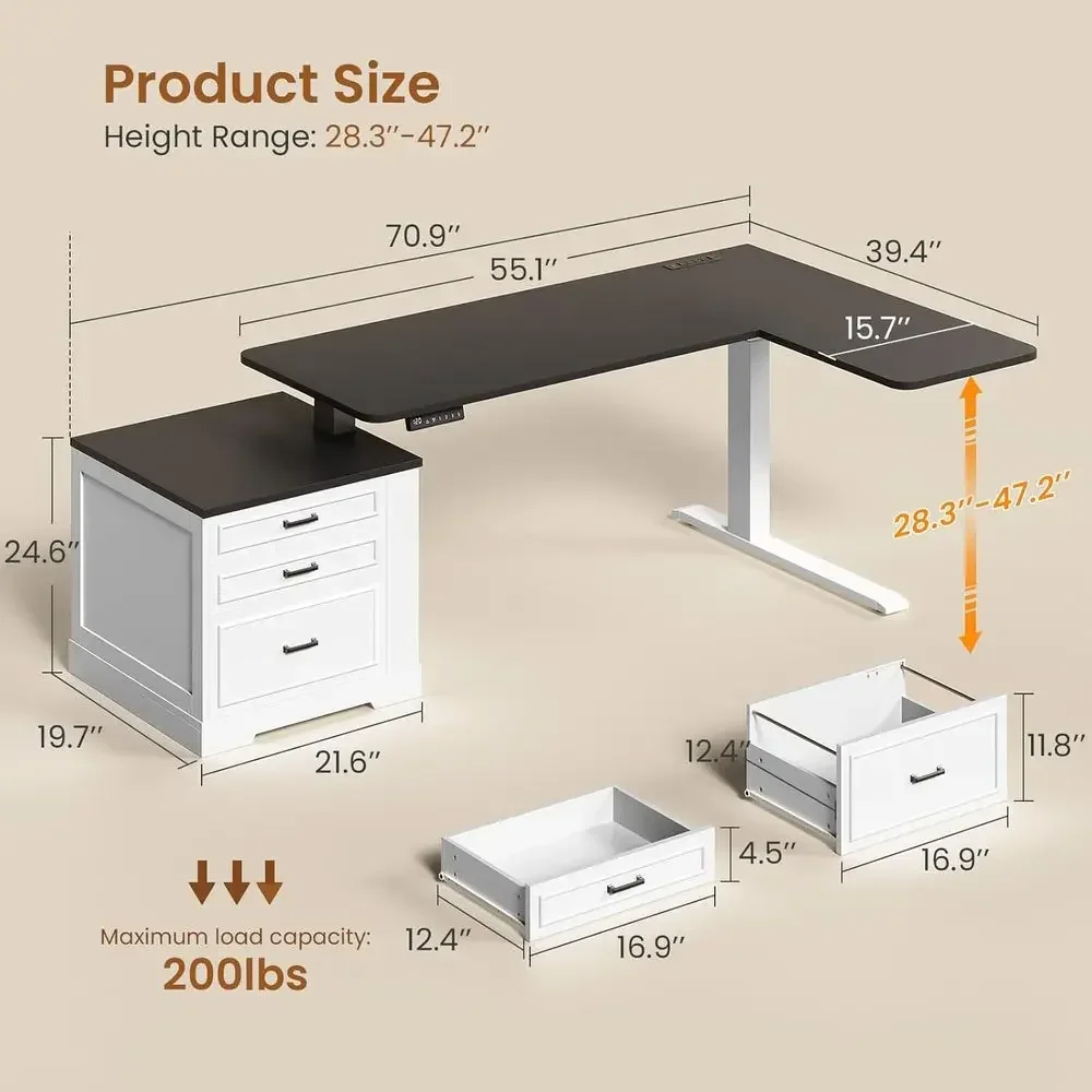 L-Shaped Electric Standing Desk, 70.9 x 39.4 Adjustable Height Office Desk with 3 Drawers, White