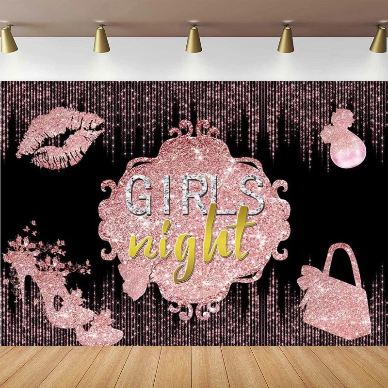 Girls Night Photography Backdrop Lady Women Girls Rose Gold Pink High Heels Bags Glitter Bachelorette Background Decor Banner