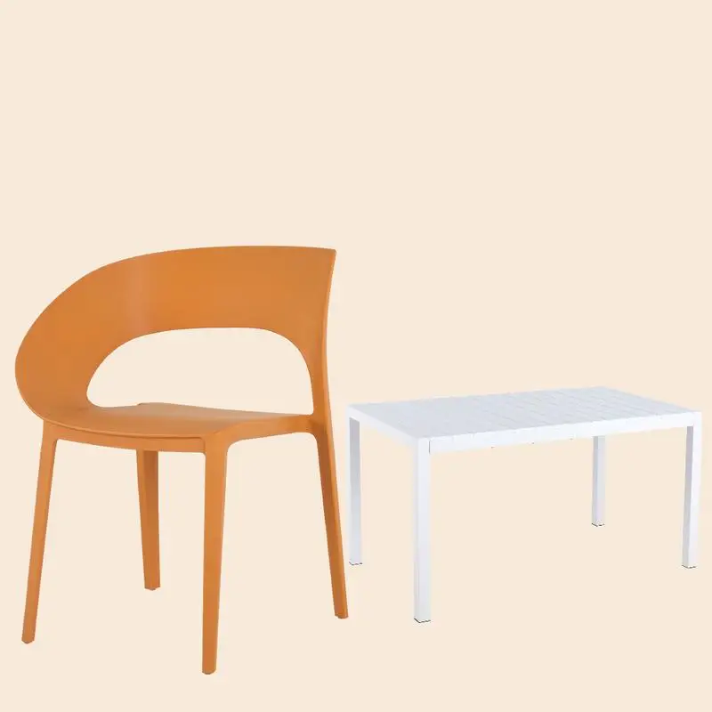 Juego de silla de un solo lado de polipropileno y mesa larga blanca de 55 pulgadas: uso interior/exterior, PP liviano con estructura de metal, duradero