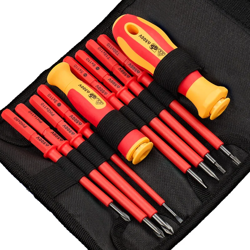 Electrician Repair Tools Kit 10pcs 500V Changeable Insulated Screwdrivers Set with Magnetic Slotted Phillips Pozidriv Torx Bits