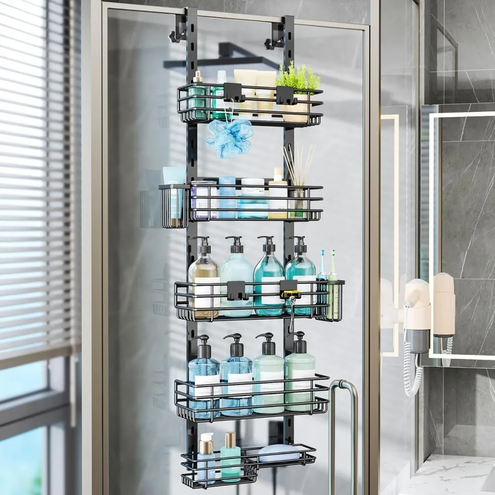 

Consumest Over The Door Shower Caddy - 5 Tier Adjustable Shower Organizer Hanging with 2 Toothbrush Holders & 4 Hooks,