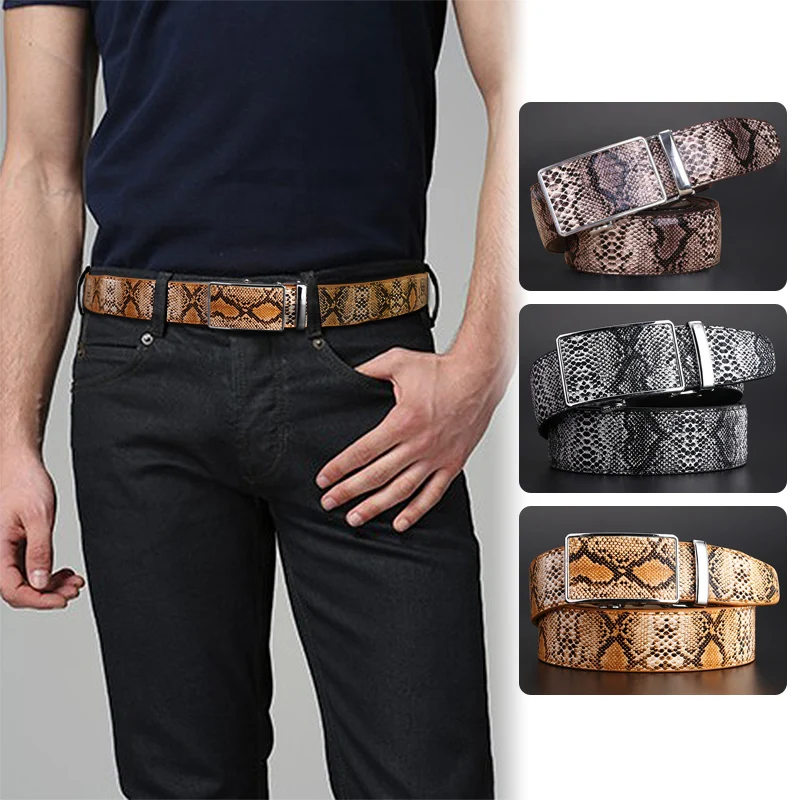 Punk Rock Metal Long Buckle Belt Snake Pattern Belts For Men Fashion Casual Faux Leather Straps Classic Snake Skin Waistband