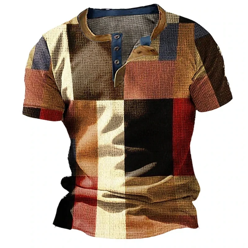 

3D Color Splicing Print Men's Henry Shirt Summer Casual Breathable Short Sleeve Tops Fashion Street Loose Clothing Men T-Shirts
