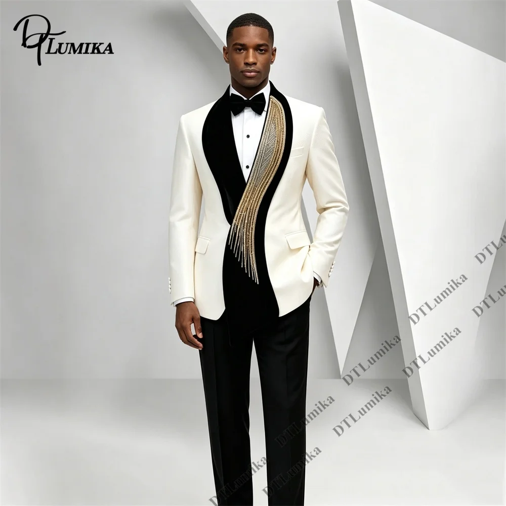 Costume de smoking asymétrique perlé à revers, 2 pièces, avec blazer à franges dorées et pantalon, pour mariage, marié, bal de promo, dîner formel, tailles XXS-7XL 1