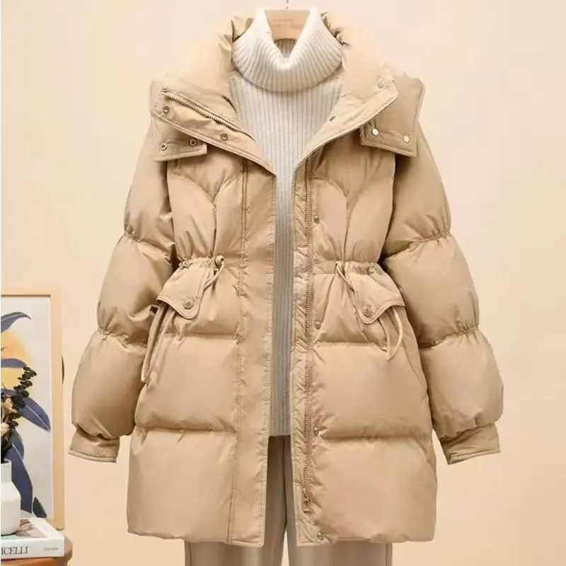 الشتاء الدافئة سترة منفوخة المرأة الرباط الأبيض بطة أسفل معطف طويل الأكمام أعلى يندبروف مقاومة البرد خندق معطف سميك