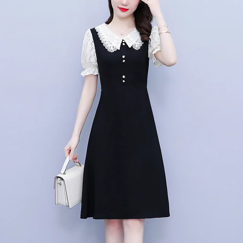 

2024 Women's Embroidered Doll Collar Summer New Slimming Lace Stitching Dress