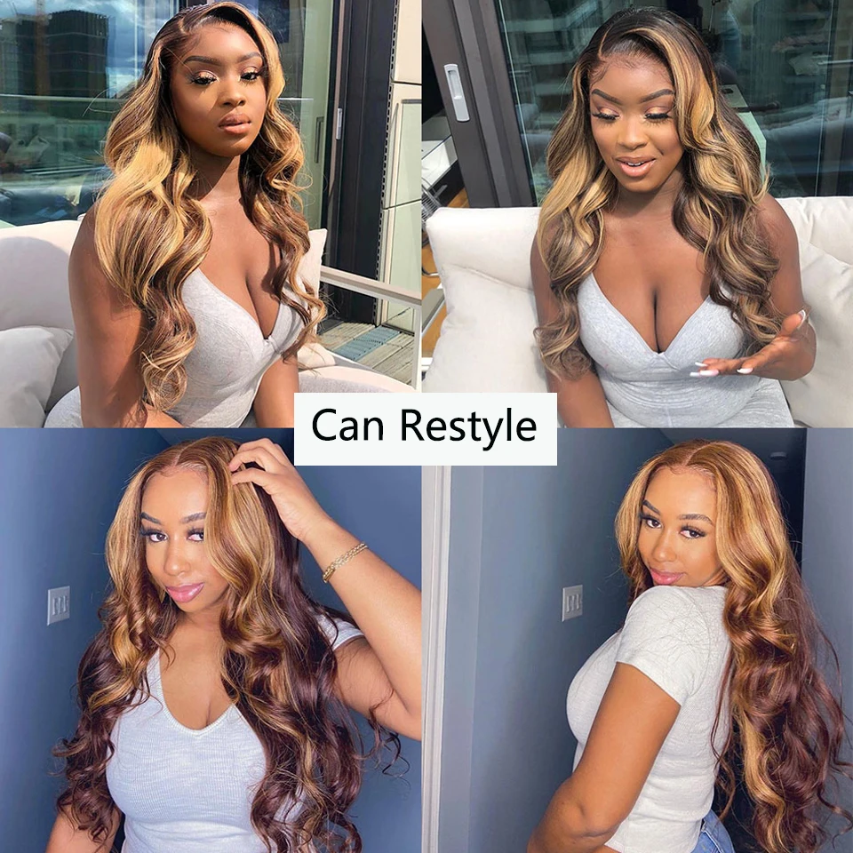 4/27 Straight Highlight 360 Lace Frontal Wig Honey Blonde Ombre 13x4 13X6 Lace Front Human Hair Wigs For Women Peruvian Hair 180