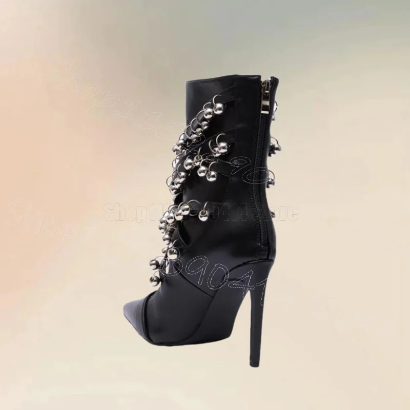 Metal Circle Buckle Black Pointed Toe Boots Back Zipper Women Shoes Thin High Heels Party Feast Dating 2025 Zapatos Para Mujere