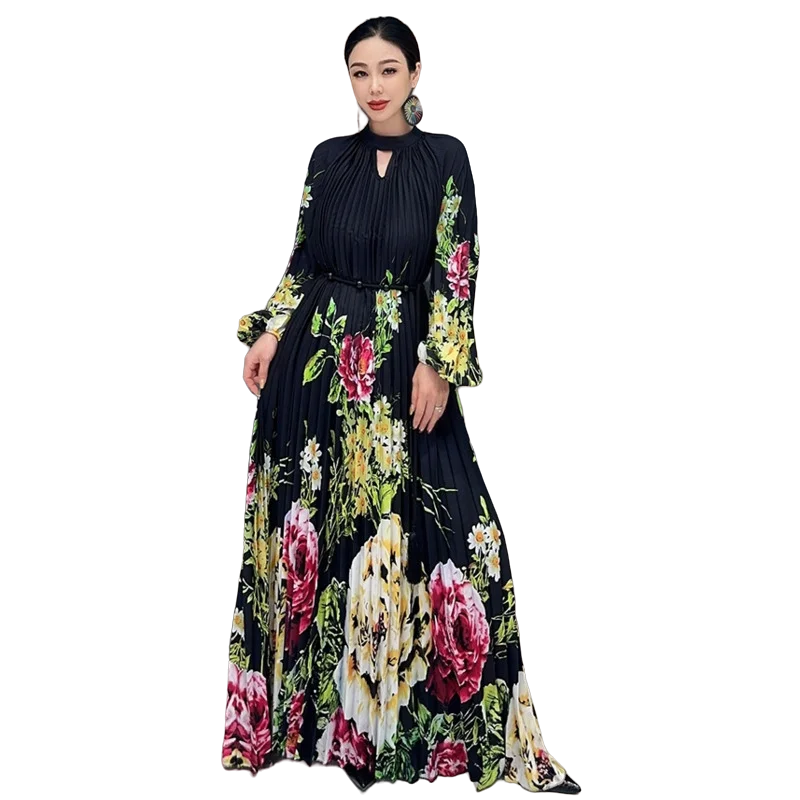 2024 Spring Summer Casual Light Luxury Wind Pressure Pleated Waist Long Dress Fashion Printed Small Flower Personalized ZY1923