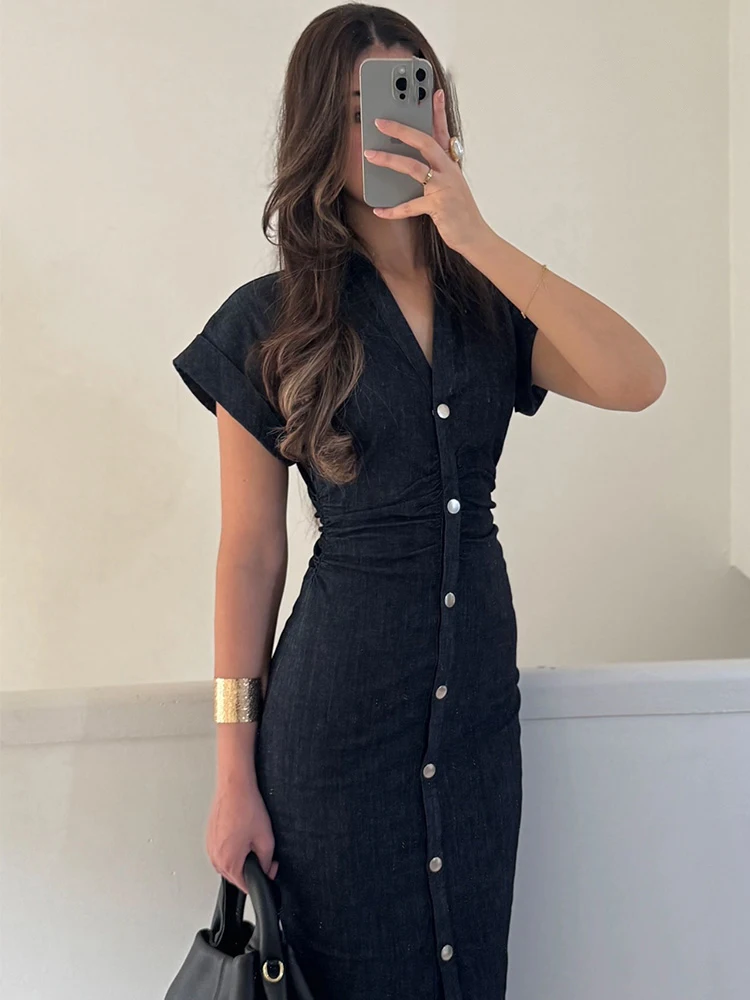 

HH Women Summer Fashion Solid Single Breasted Pleated Design Midi Dress Female Denim Turn Down Collar Short Sleeve Dress