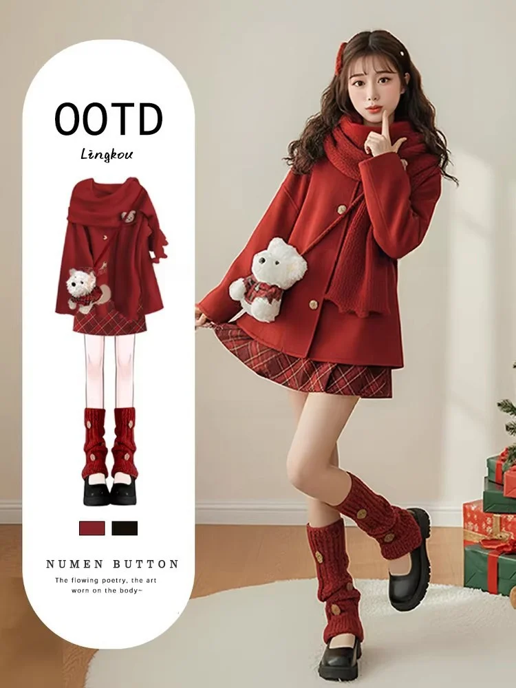 

Теплый вязаный свитер и комплект с клетчатой юбкой для женщин, осенне-зимний наряд, двухсоставный комплект, красный цвет, новогодний наряд.