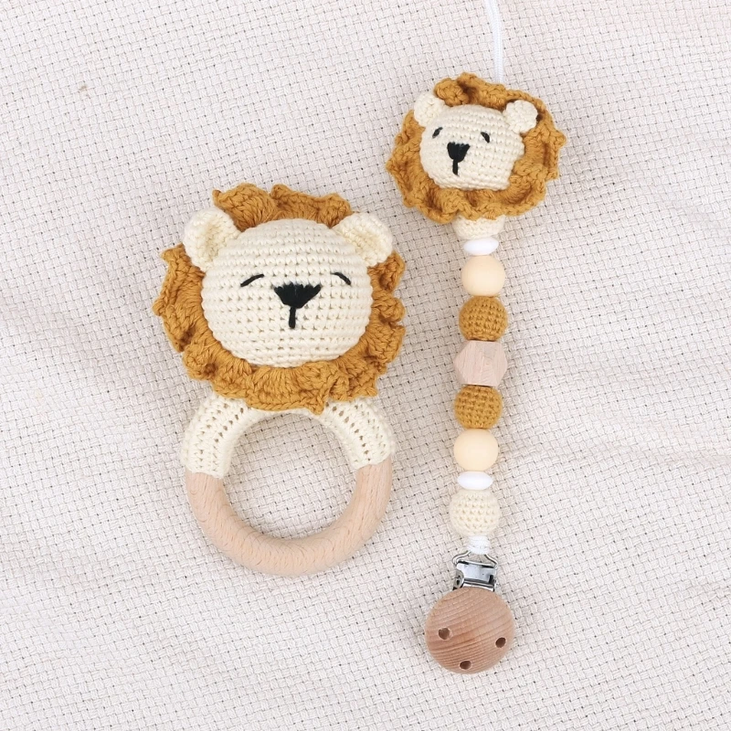 N80C 1 Set Crochet-Pacifier Clip Holder Lion-Baby Teether Rings Crochet-Baby Toy