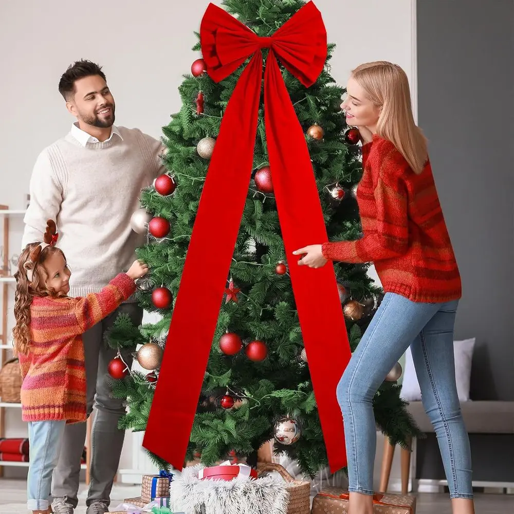 فيونكة مخملية حمراء عملاقة مع أشرطة طويلة - قطعة علوية لشجرة عيد الميلاد مقاس 71 × 24 بوصة وديكور إكليل للمنزل والخارج والحفلات