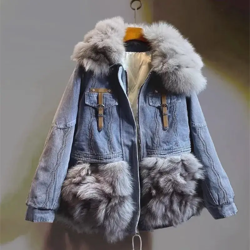 Inverno nuovo addensato parka di pelliccia antivento donne piumino grande collo di pelliccia di volpe cappotto di pelliccia reale giacca di jeans