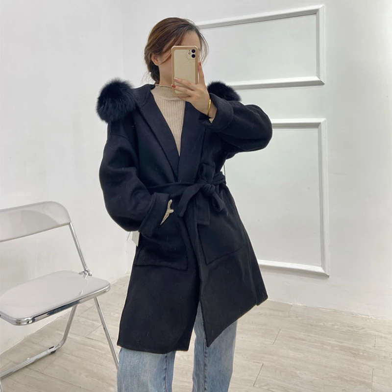 2024 Casual Winter Cashmere Coat Women Real Fur Coat Mid-length Wool Jacket Camel Black Outerwear Fox Fur Collar and Cuffs Belt