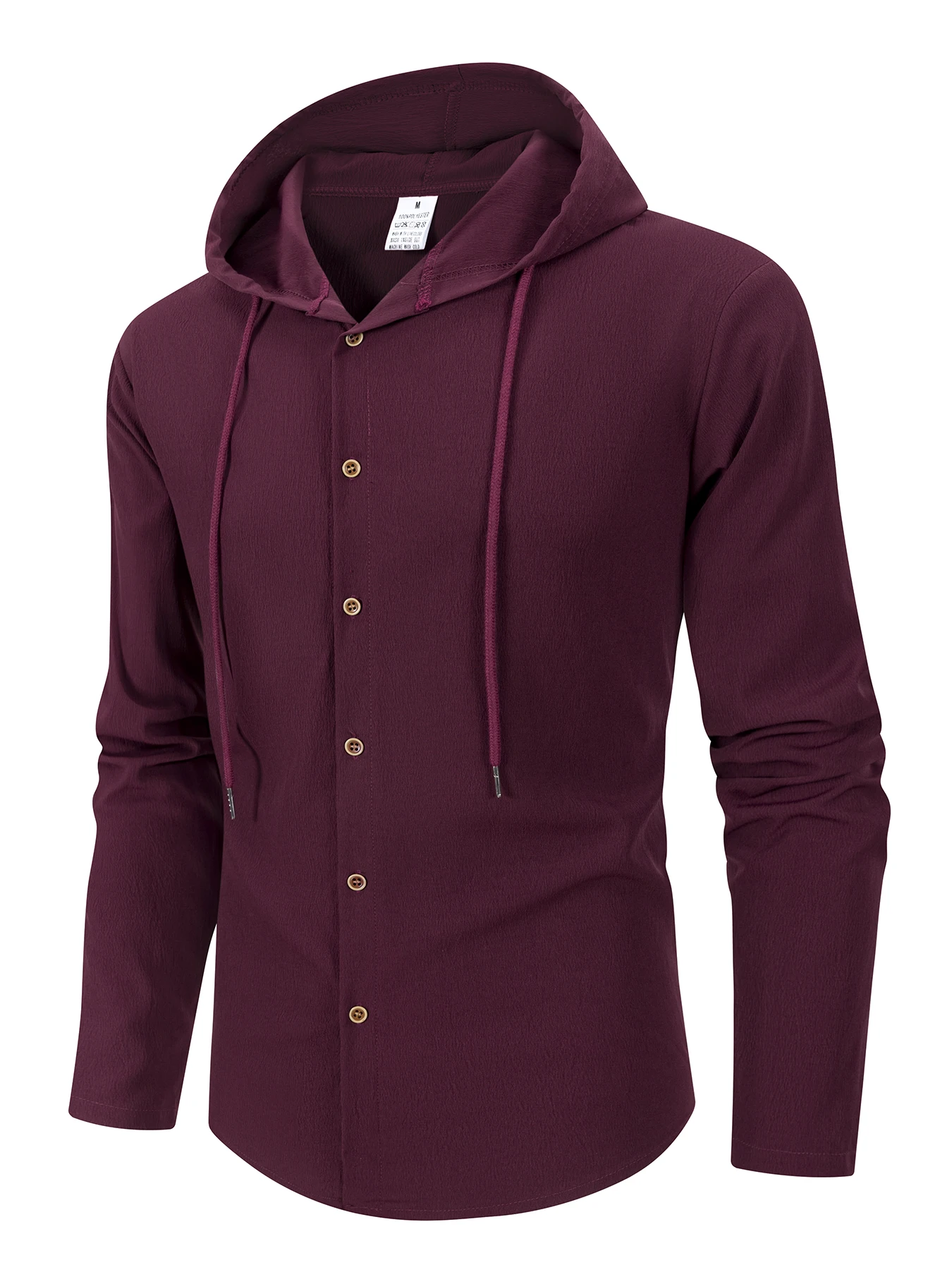 Spring Autumn Men's Hooded Long Sleeve Shirt Beach Style Breathable Lightweight Solid Color Stylish Button Drawstring Shirts Top