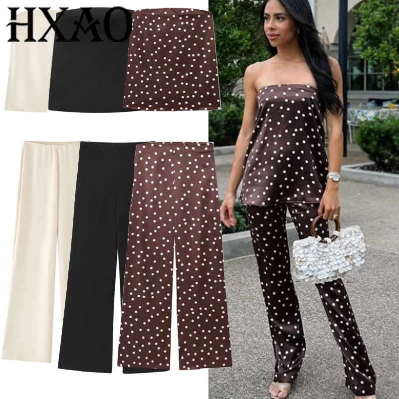 Hxao conjuntos de calças de bolinhas femininas, duas peças, espartilho sem alças, calças fluidas largas, conjuntos de verão, cetim, 2 peças