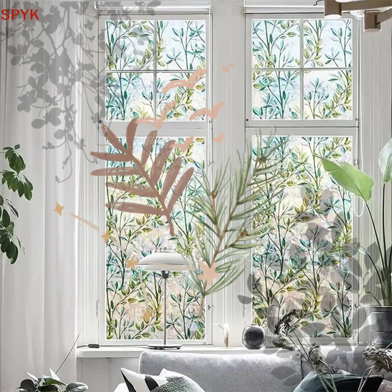 Static Cling Stained Glass Window Film Green Leaf Pattern: Privacy Protection Light Transmitting Home