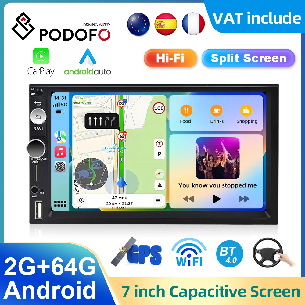 Podofo 2din 7inch Android Car Stereo Radio 2+64G GPS Navigation WIFI Wireless Carplay Android auto Bluetooth USB Player HIFI RDS