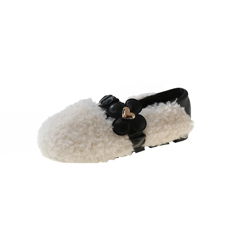 Lamb Wool Outer Wear Wool Shoes 2022 Autumn And Winter New Stirrup Flat Bottom Shoes Bow Two Wear Beans Shoes