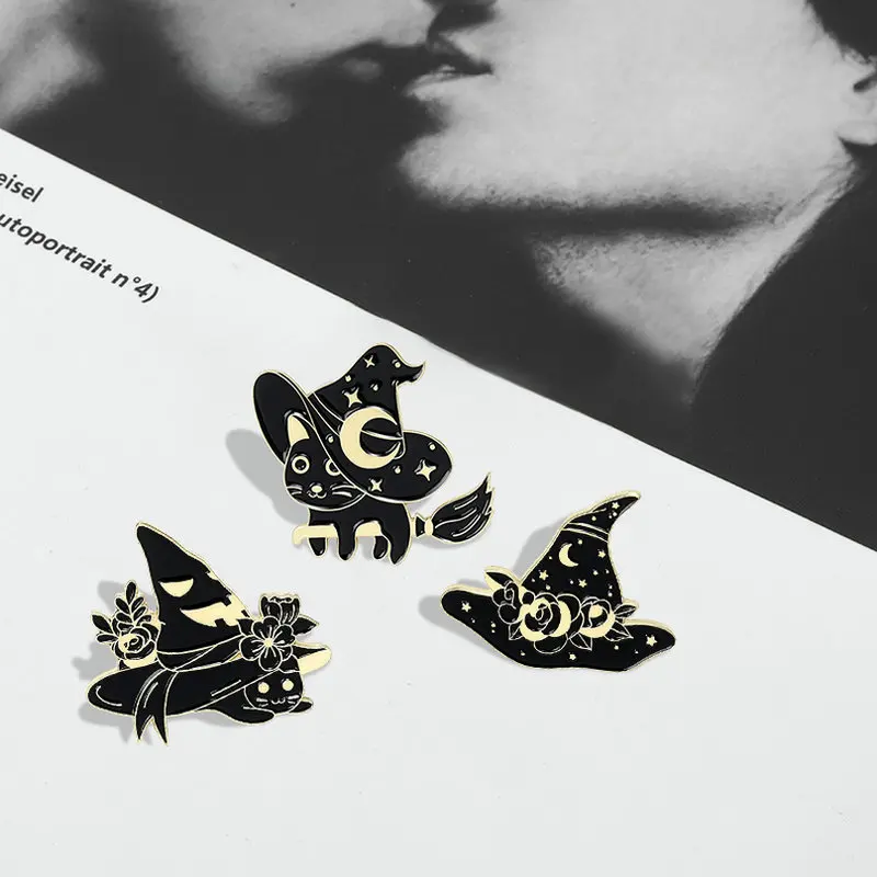 Witch Cats Enamel Pin Custom Starry Wizard Hat Brooch Bag Clothes Lapel Pin Black Gothic Badge Witchcraft Jewelry Gift Friends