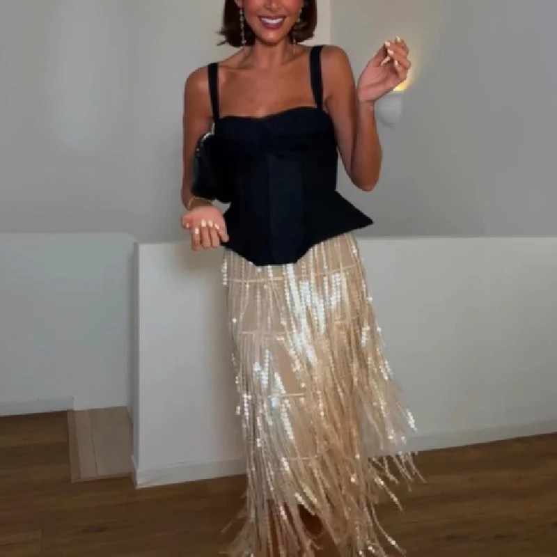 Women 2 Piece Party Outfit Black Spaghetti Strap Peplum Corset Top Champagne Sequin Tassel Midi Skirt Evening Formal Dress Set