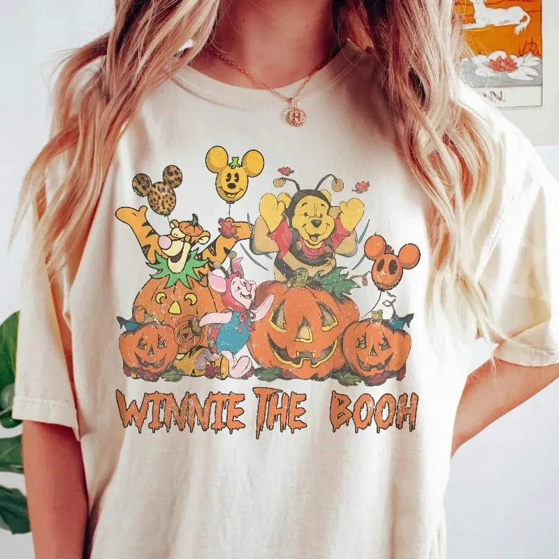 Camicia vintage di Halloween Winnie The Pooh Colori comfort Camicia di Halloween Pooh Maglietta beige per famiglia di Halloween retrò Pooh