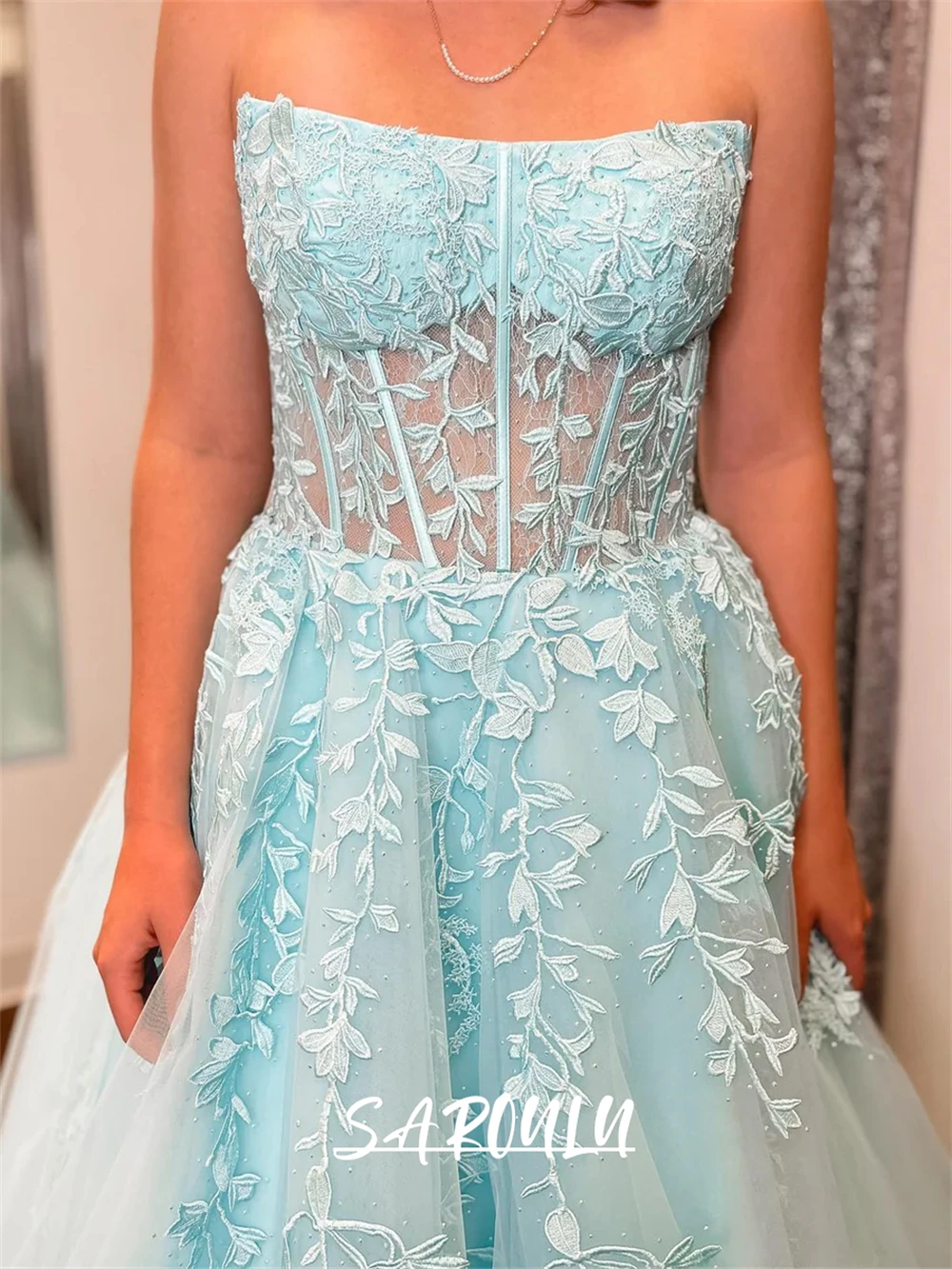 Sky Blue Leaf Lace Long Evening Dress Strapless Illusion Tulle Prom Dresses for Women Custom Make Plus Size Party Gown