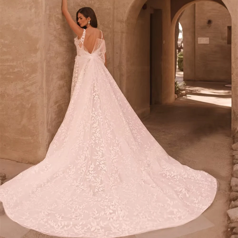 Customized Attractive V-neck Wedding Dresses for Woman Bride Backless Lace Sleeveless Vestido  Floor Length Robe Bridal Gown