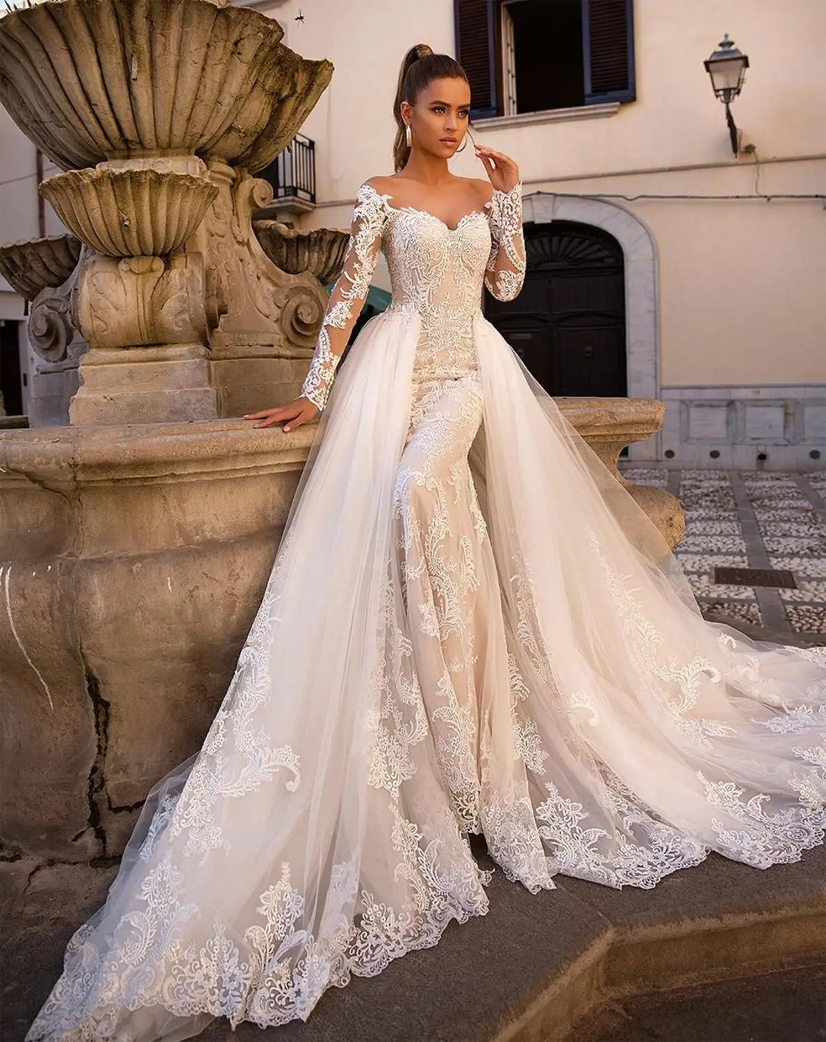 Robe de mariée sirène Sexy, épaules dénudées, dentelle, manches longues, bouton au dos, traîne détachable, nouvelle collection 2022