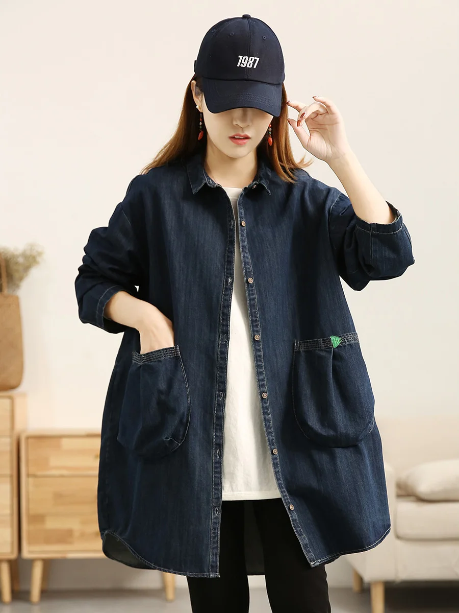 

Simple Color Denim irt Women's Loose Coat Casual Long Sve Button up Spring Autumn New Sle plus Size