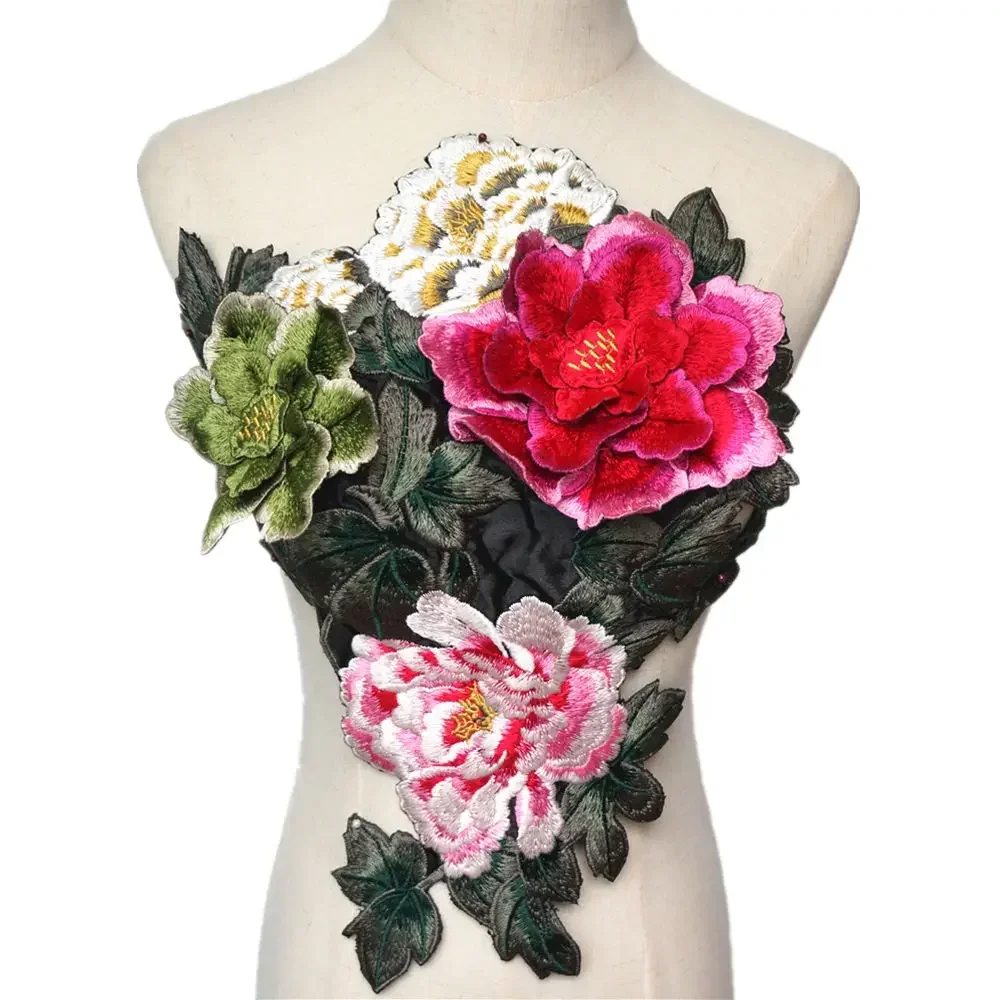 Fiori di peonia 3D ricamati foglie cucire toppe passamaneria Applique per abito da sposa decorazione fai da te artigianale