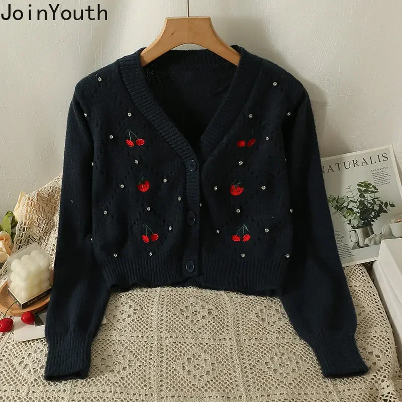 Cropped Cardigan Women Clothing Long Sleeve Knitted Thin Sweater Jackets Hollow Out V-neck Vintage Embroidery Tops Pull Femme