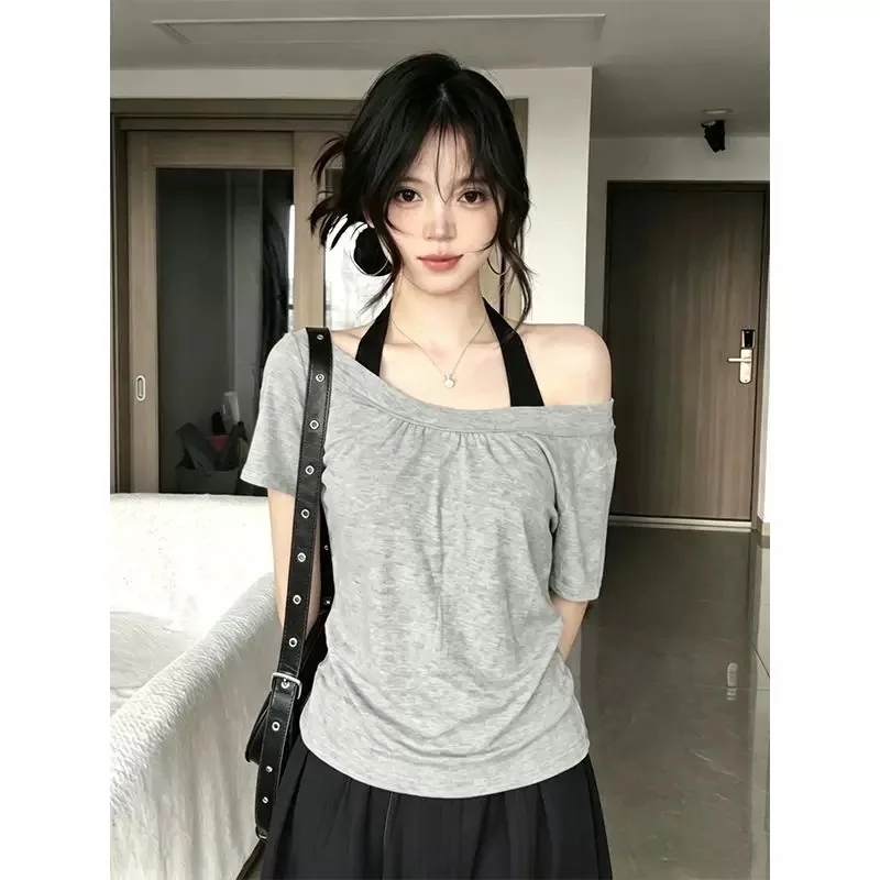 Spicy Girl Style Short Sleeve Asymmetrical Shoulder T-Shirt Women's Summer Color Block Halter Neck Splice Versatile INS Top
